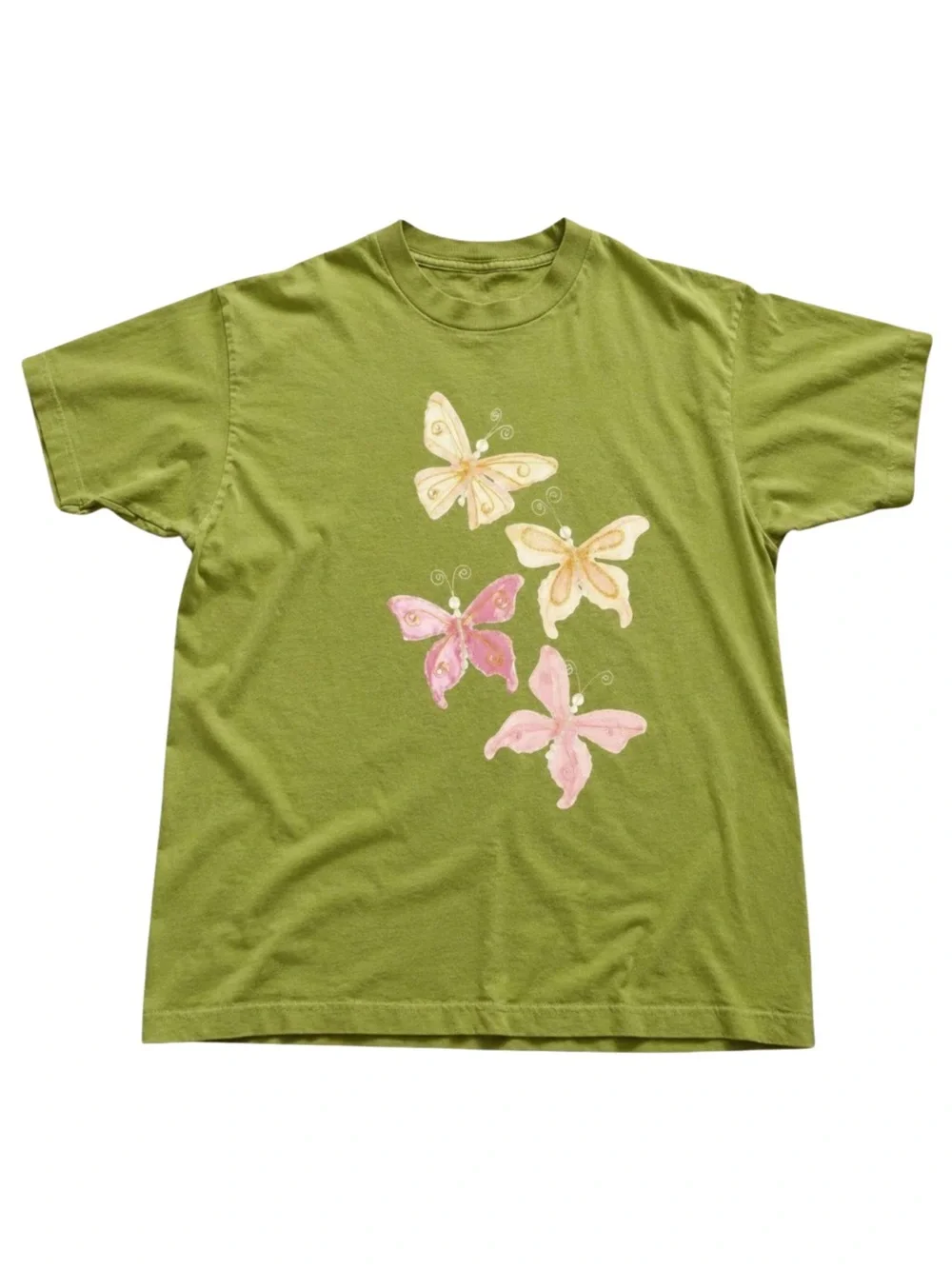 Gildan Kiwi Green Tee with Pink & Cream Butterfly Motif
